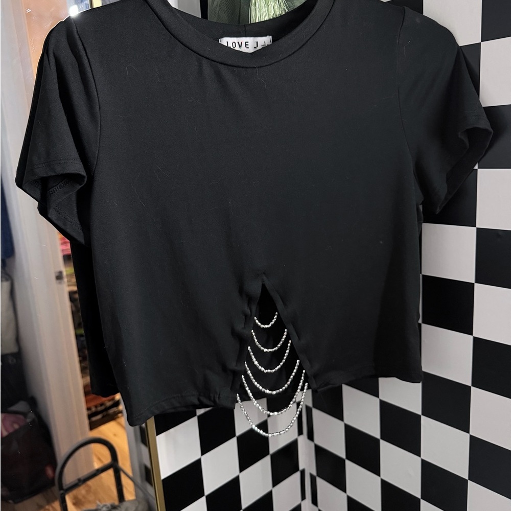 Love J Black Crop Top with Chain Accent